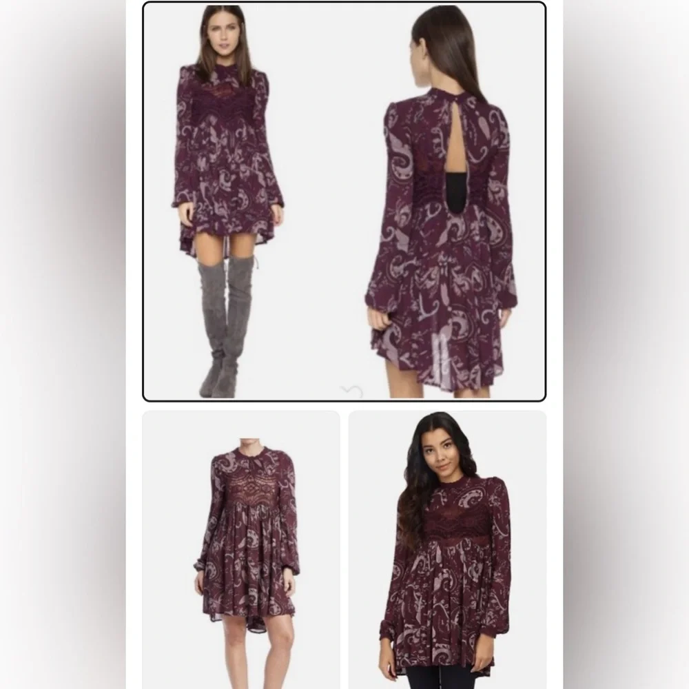 Free People Sweet Thing Paisley Tunic Dress - Wine Combo - Picture 3 of 6